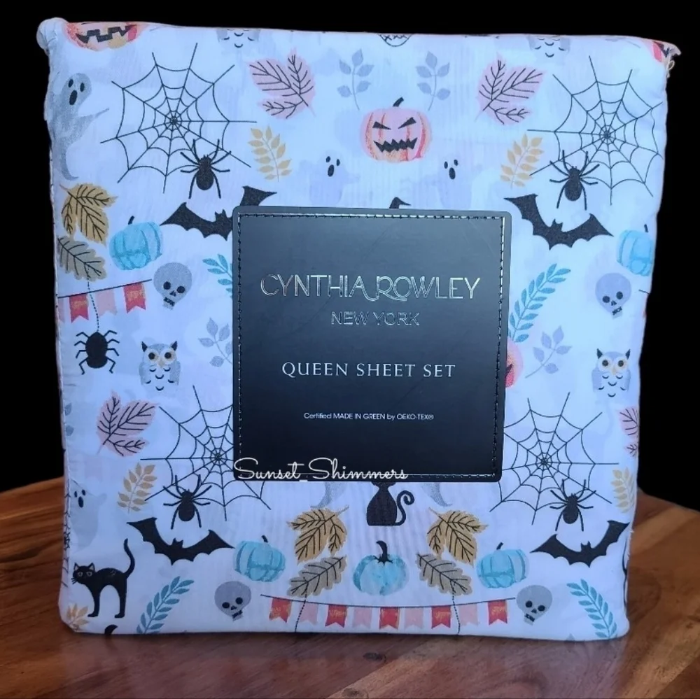 4pc CYNTHIA ROWLEY Pastel Halloween QUEEN Sheet Set Pumpkin Owl Cat Skull New